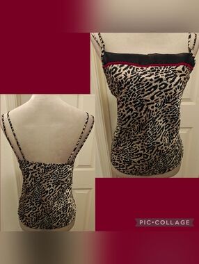 Vintage Delicates Satin Leopard Cami Top w Mesh, Velvet & Double Straps.